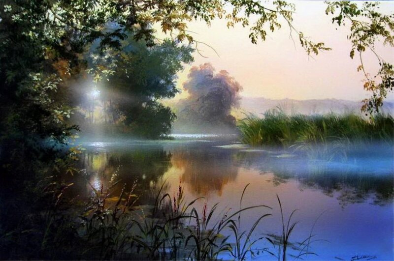Misty River at Dawn — Blue, Serene, Morning