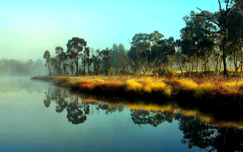 Misty River at Dawn — Blue