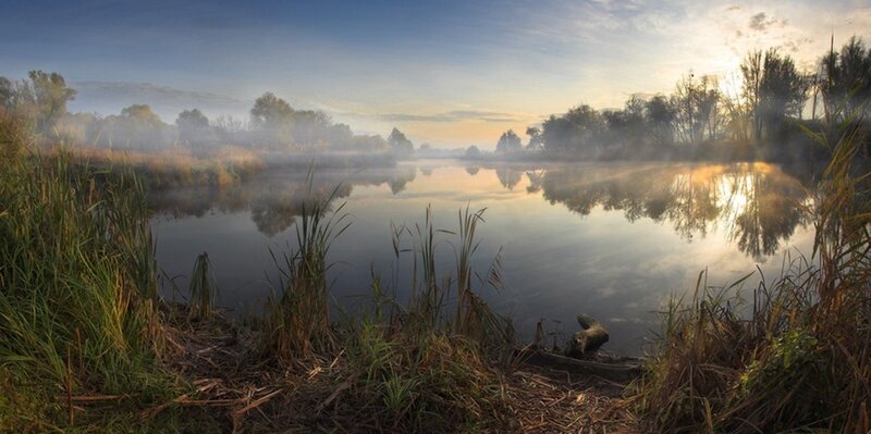 Misty River at Sunrise — Blue, Serene