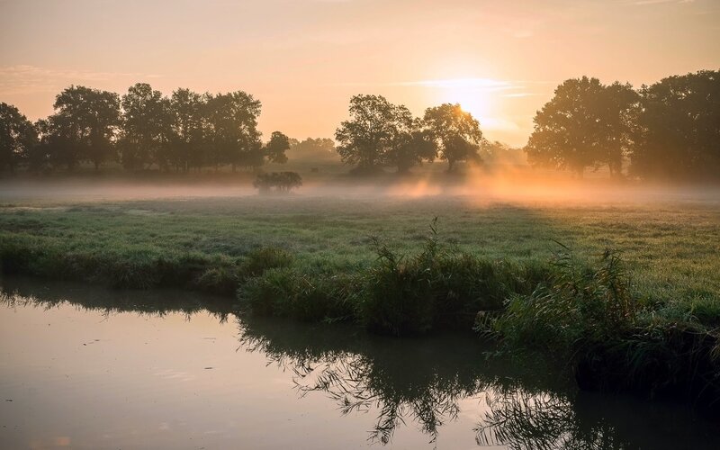 Misty River at Sunrise — Orange, Serene, Photograph, Fog