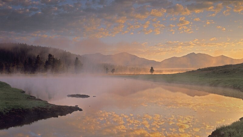 Misty River at Sunrise — Orange, Serene, Photograph, Mountains, Trees