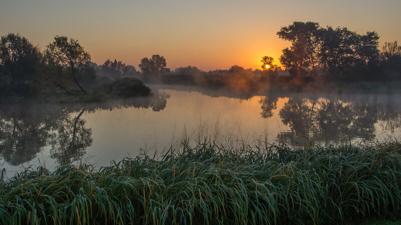 Misty River at Sunrise — Orange, Serene, Photograph