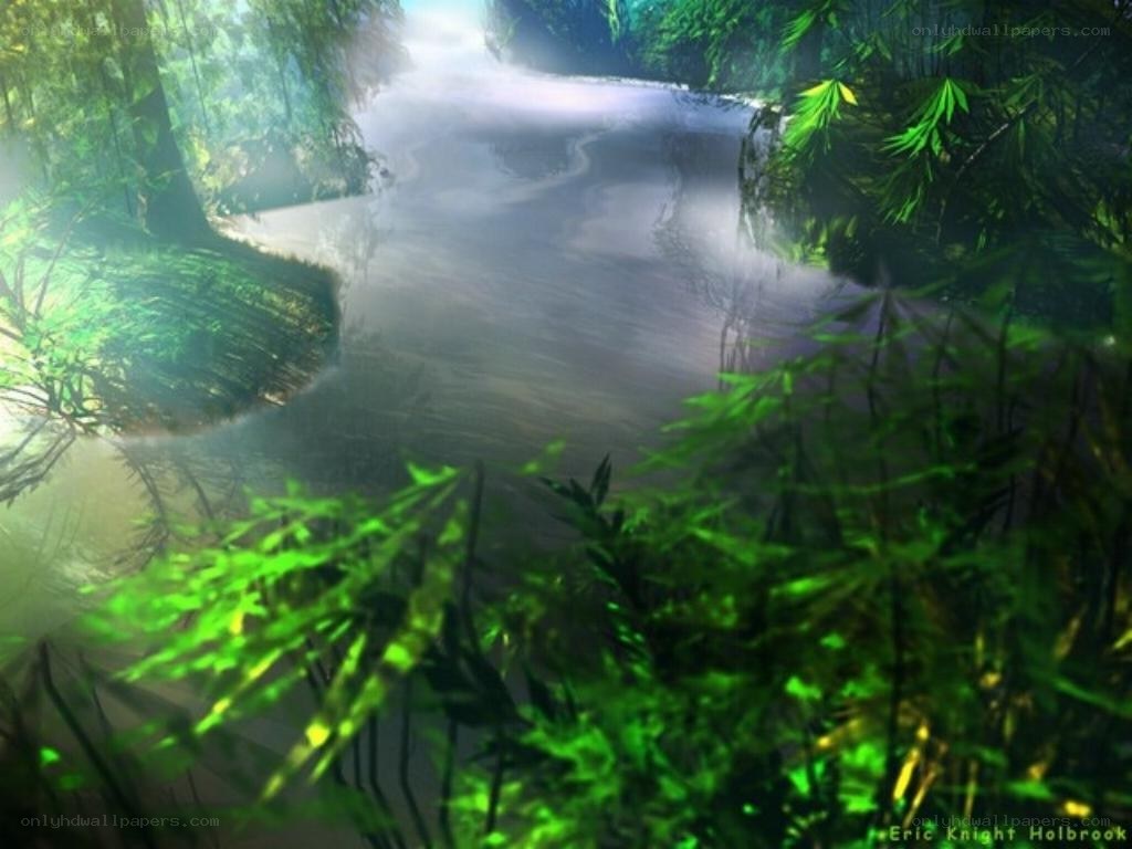 Misty river in a lush forest