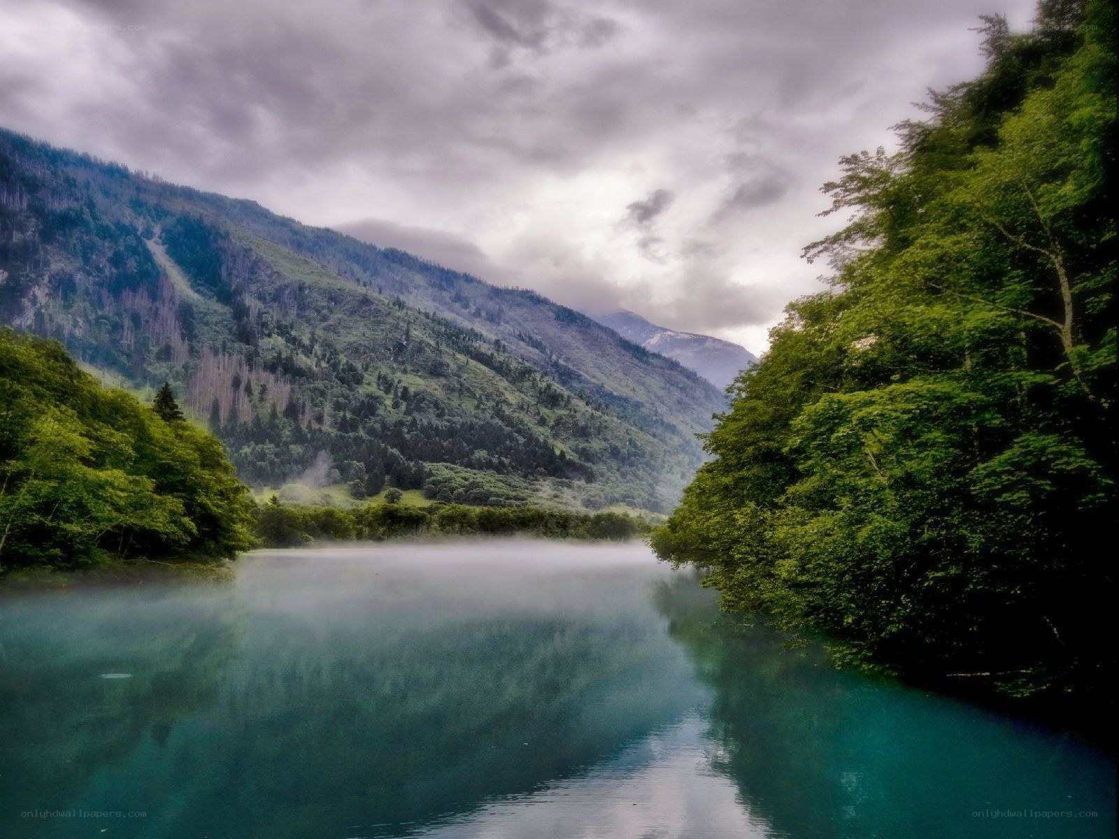 Misty river in mountain valley