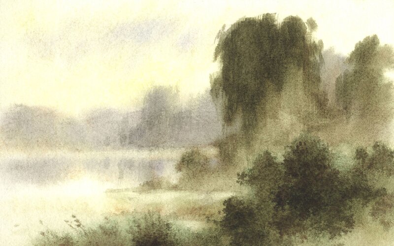 Misty River Landscape — Green, Serene, Morning, Painting, Trees, Fog