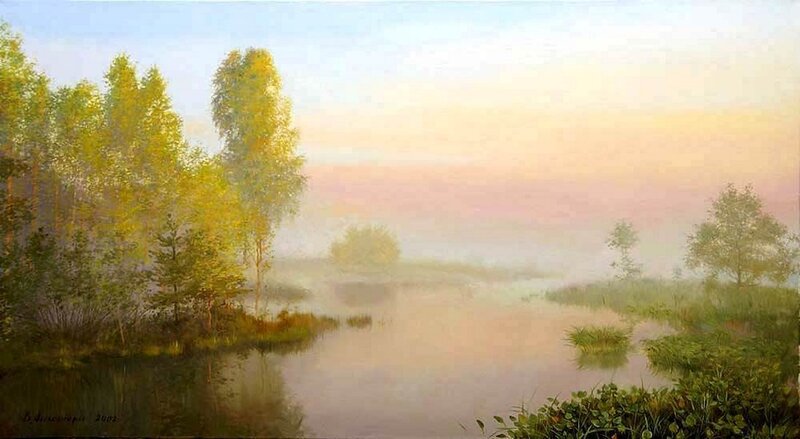 Misty River Landscape — Green, Serene, Morning