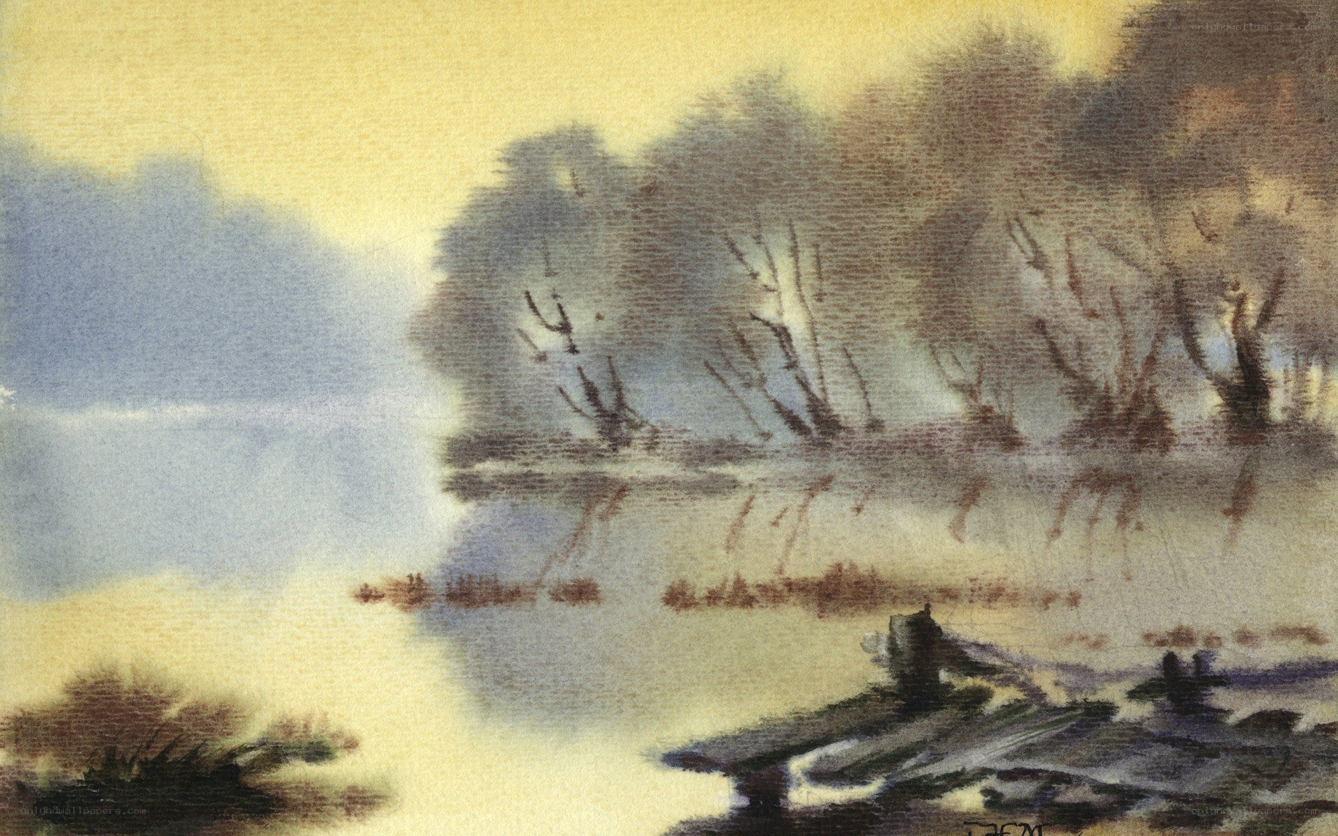 Misty river landscape painting