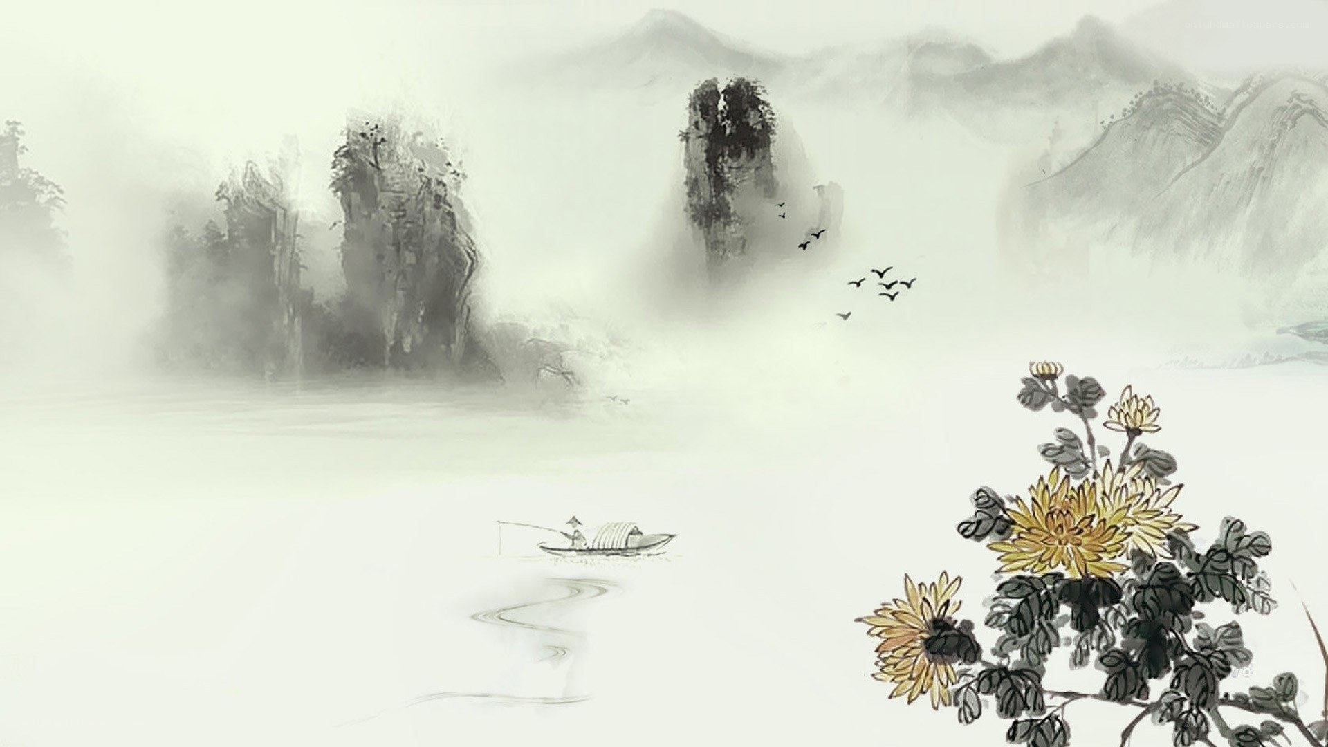Misty river landscape with boat