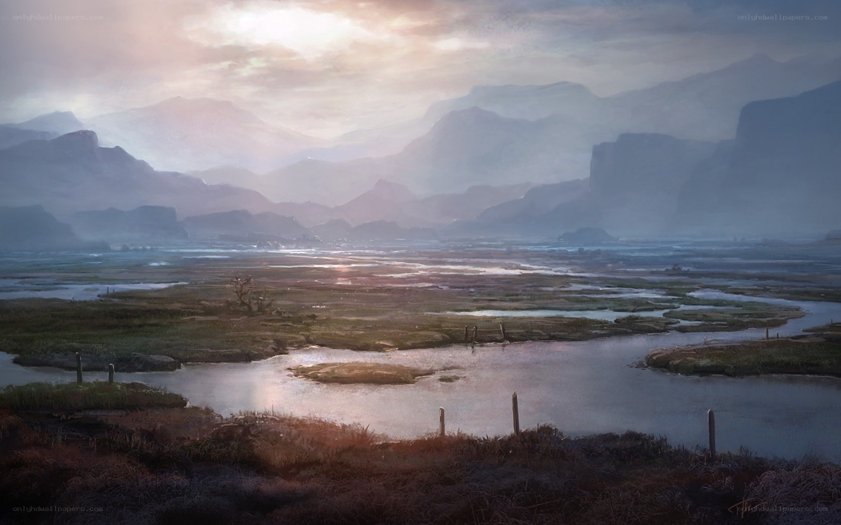 Misty river valley at dawn