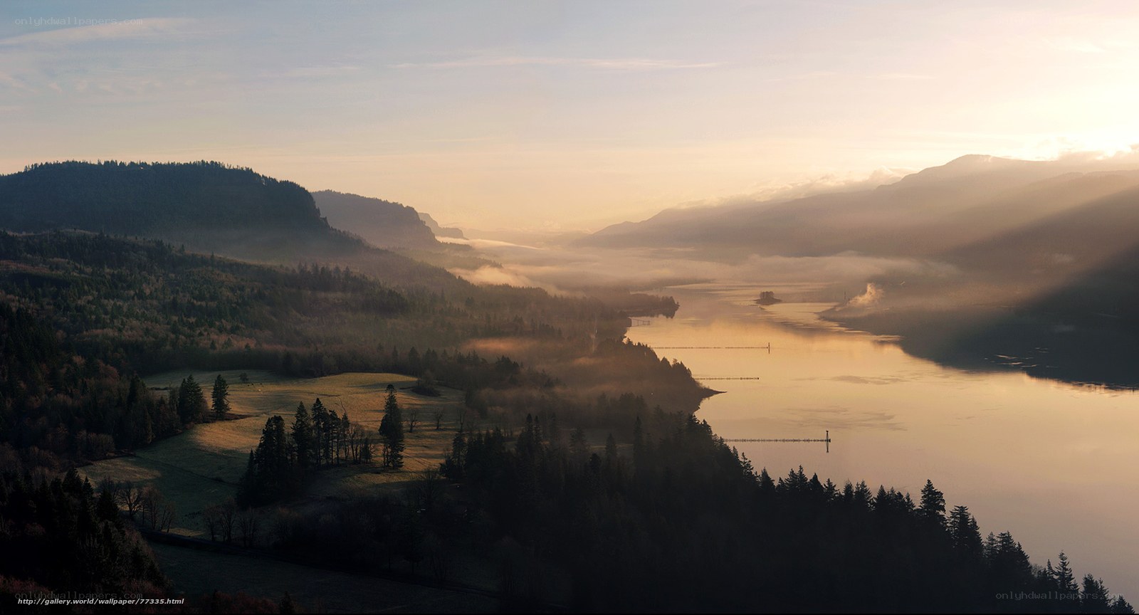 Misty river valley at sunrise