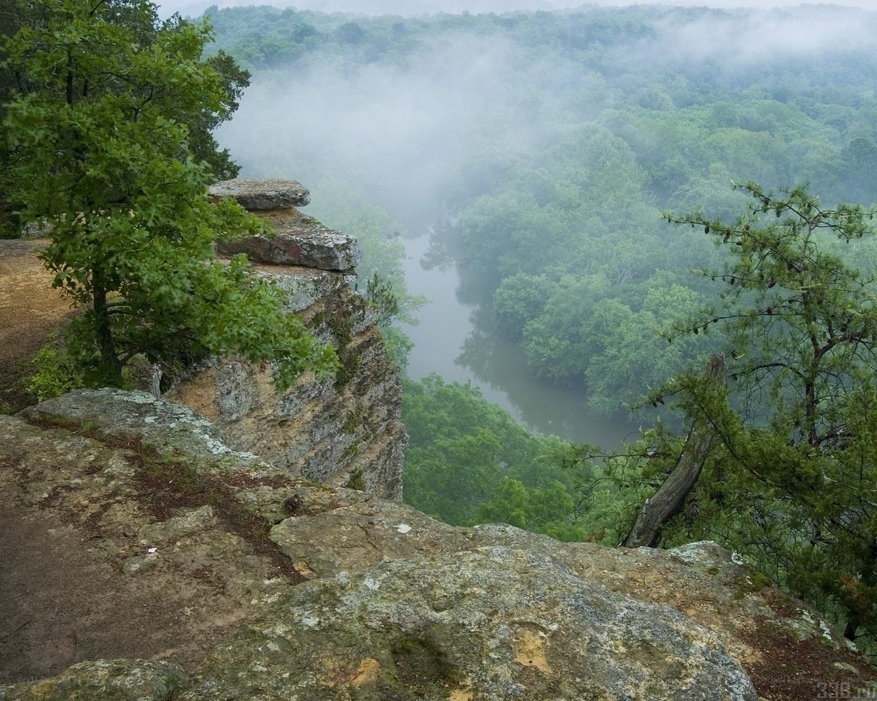 Misty river valley from cliff