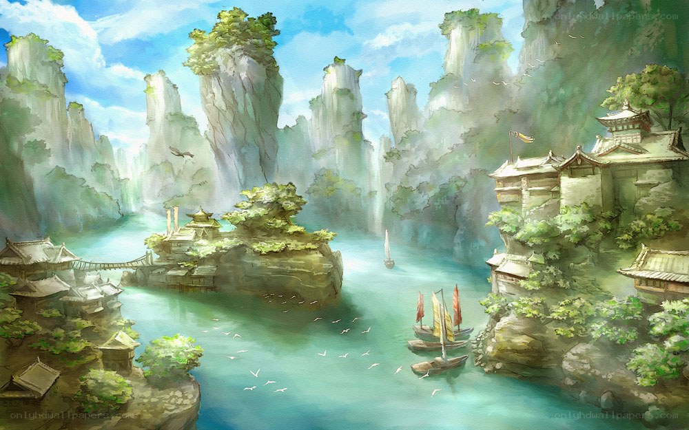 Misty river valley landscape