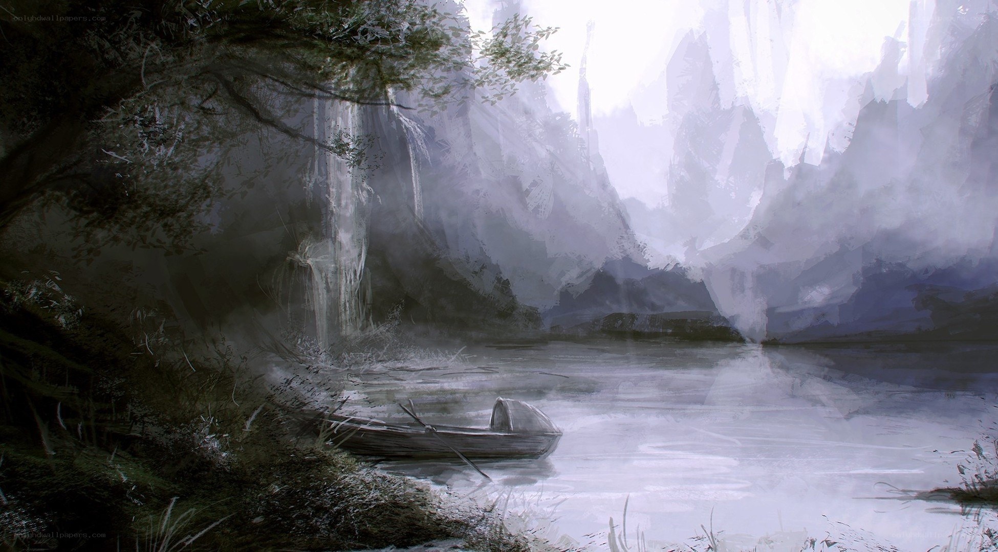 Misty river with a boat