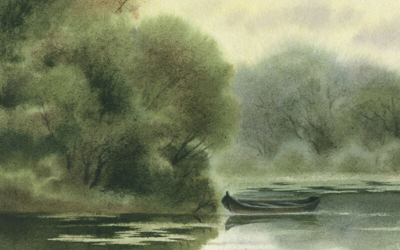 Misty river with a boat