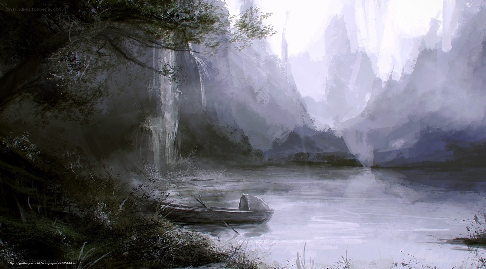 Misty river with a boat
