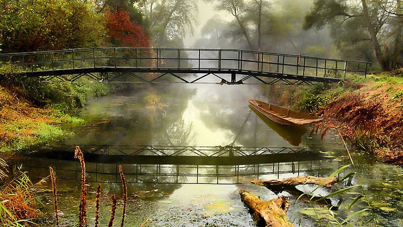 Misty river with wooden bridge