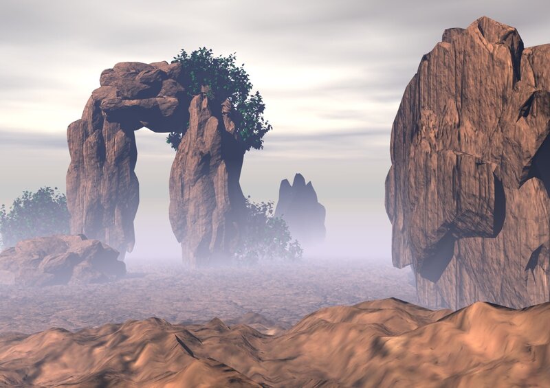 Misty rock arch landscape