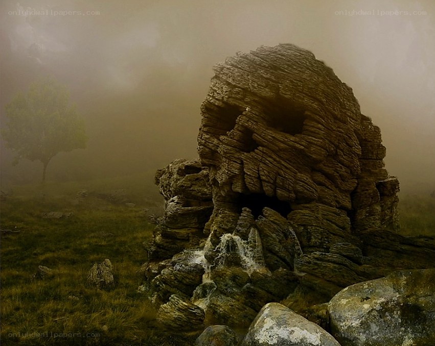Misty rock formation in a field