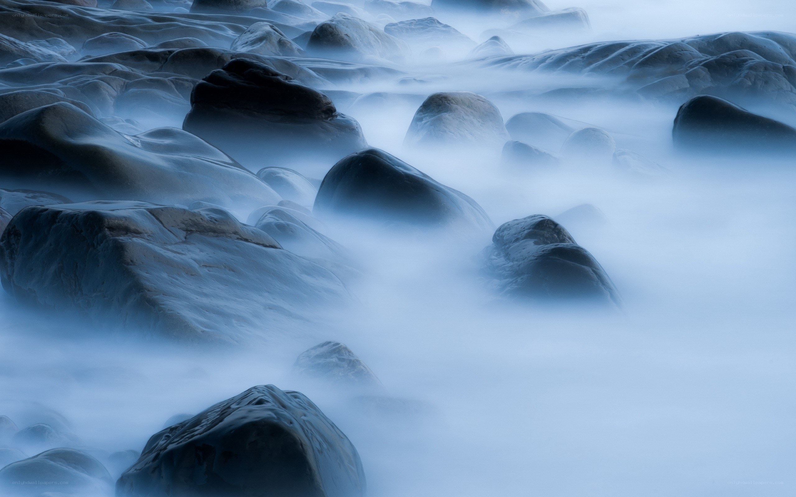 Misty rocks at the shore