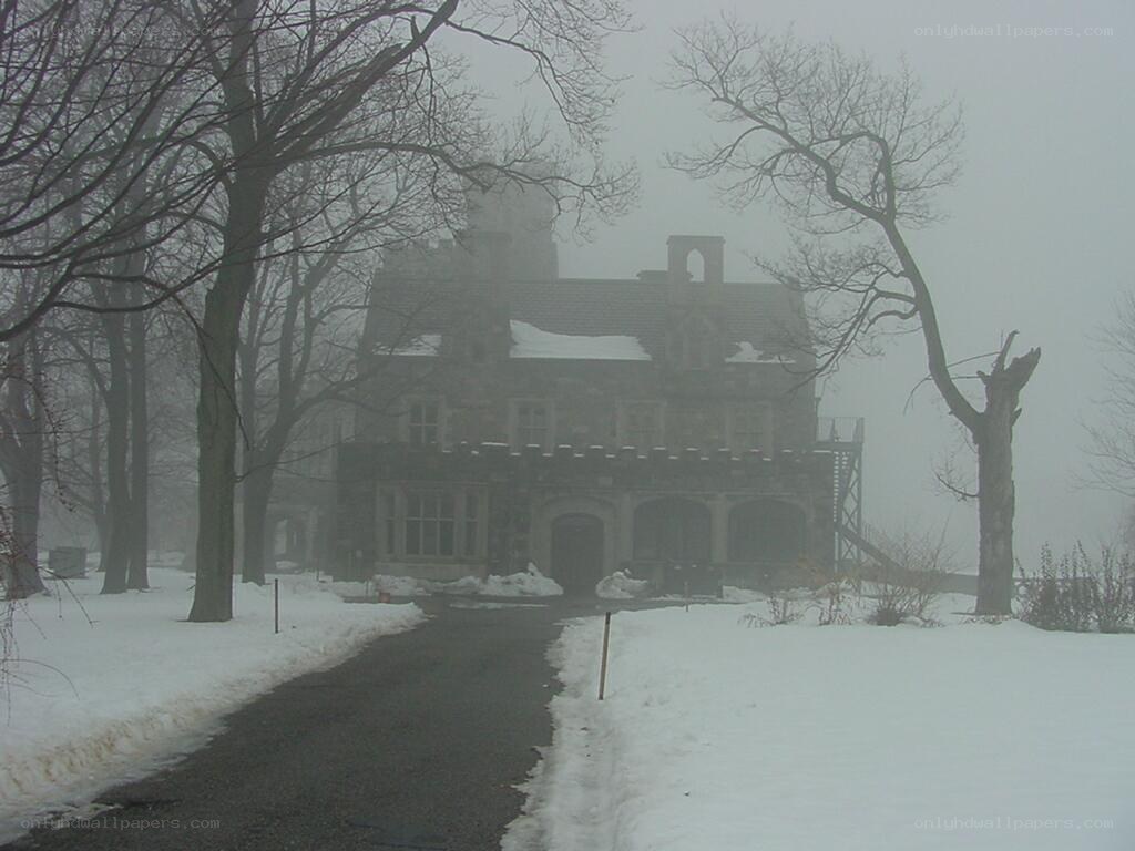 Misty snow-covered mansion