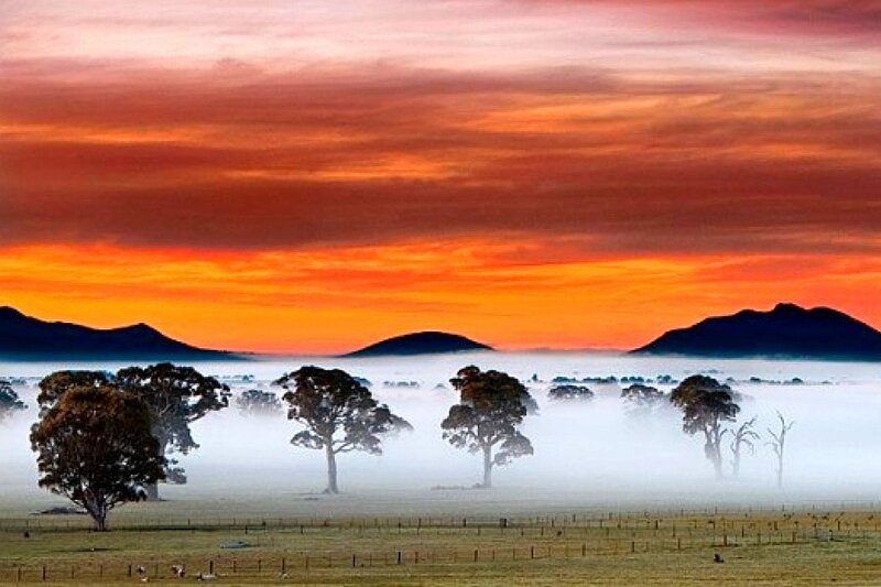 Misty sunrise over a rural landscape