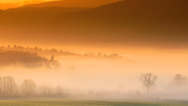 Misty sunrise over rolling hills