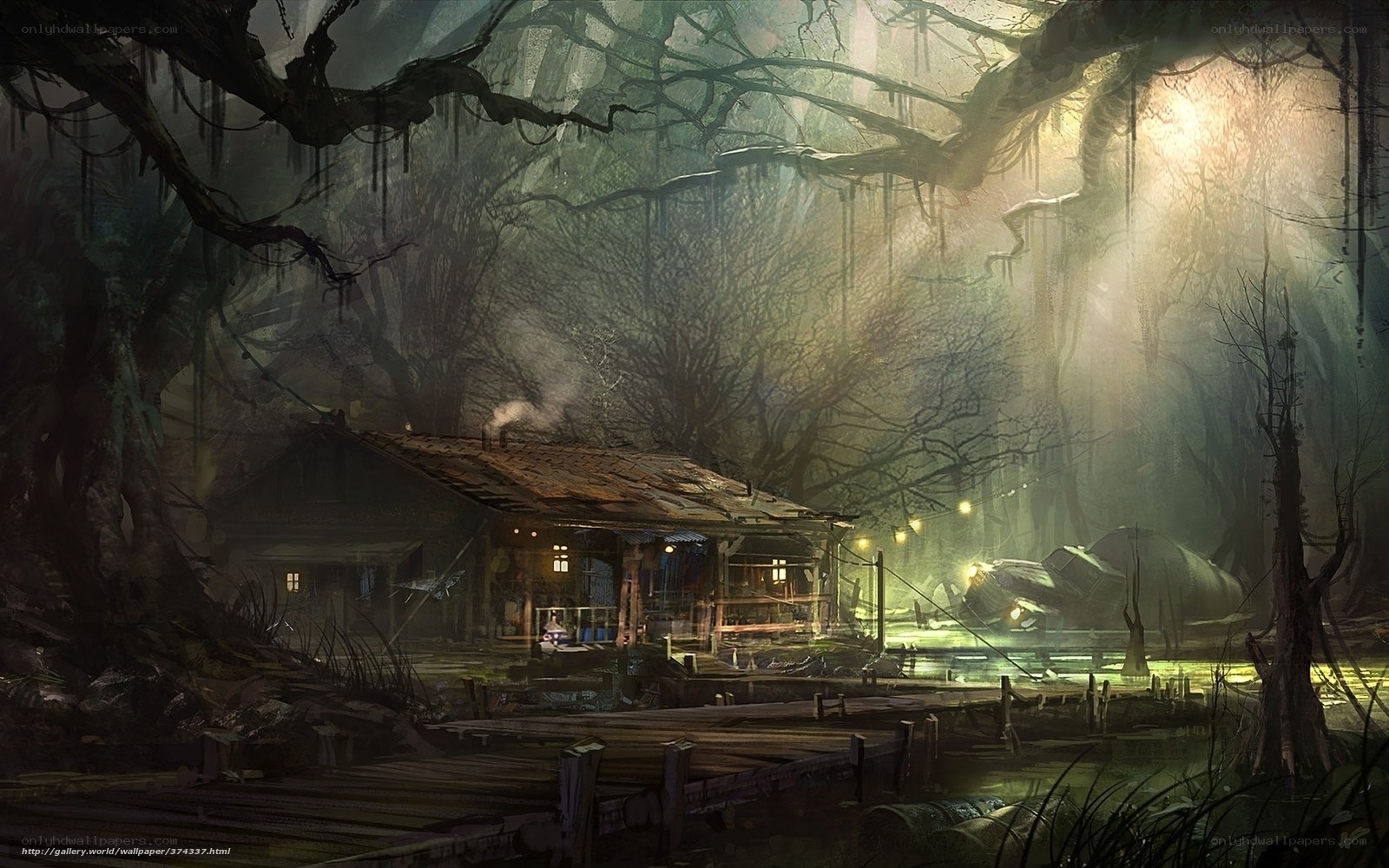 Misty swamp cabin at dusk