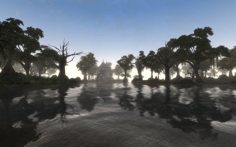 misty swamp with ancient temple