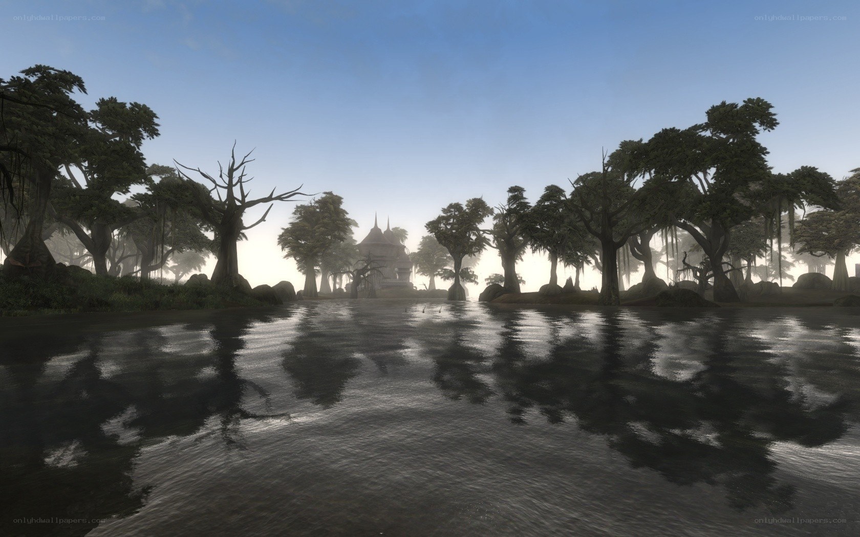 misty swamp with ancient temple