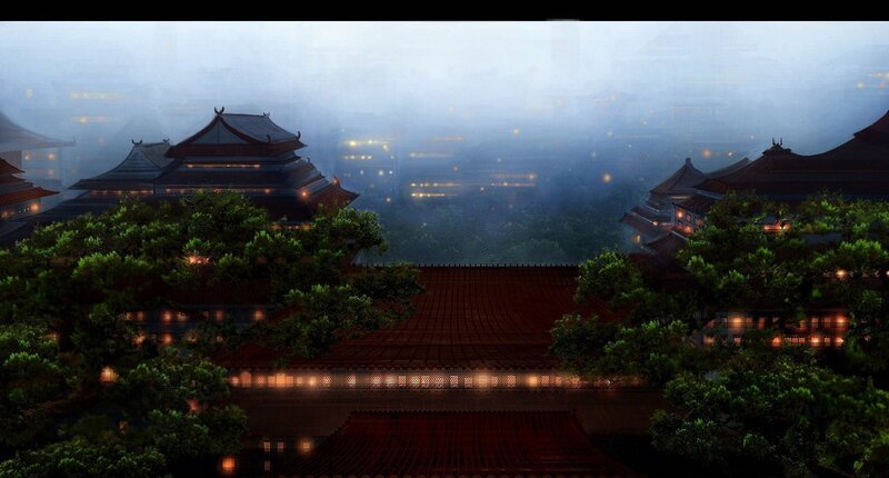 misty temple at dusk