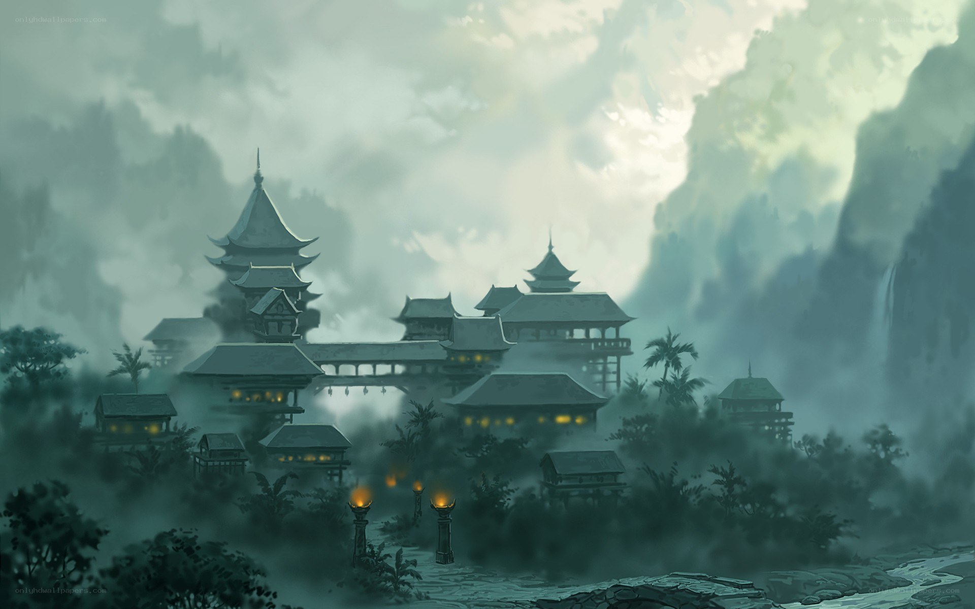 Misty temple village