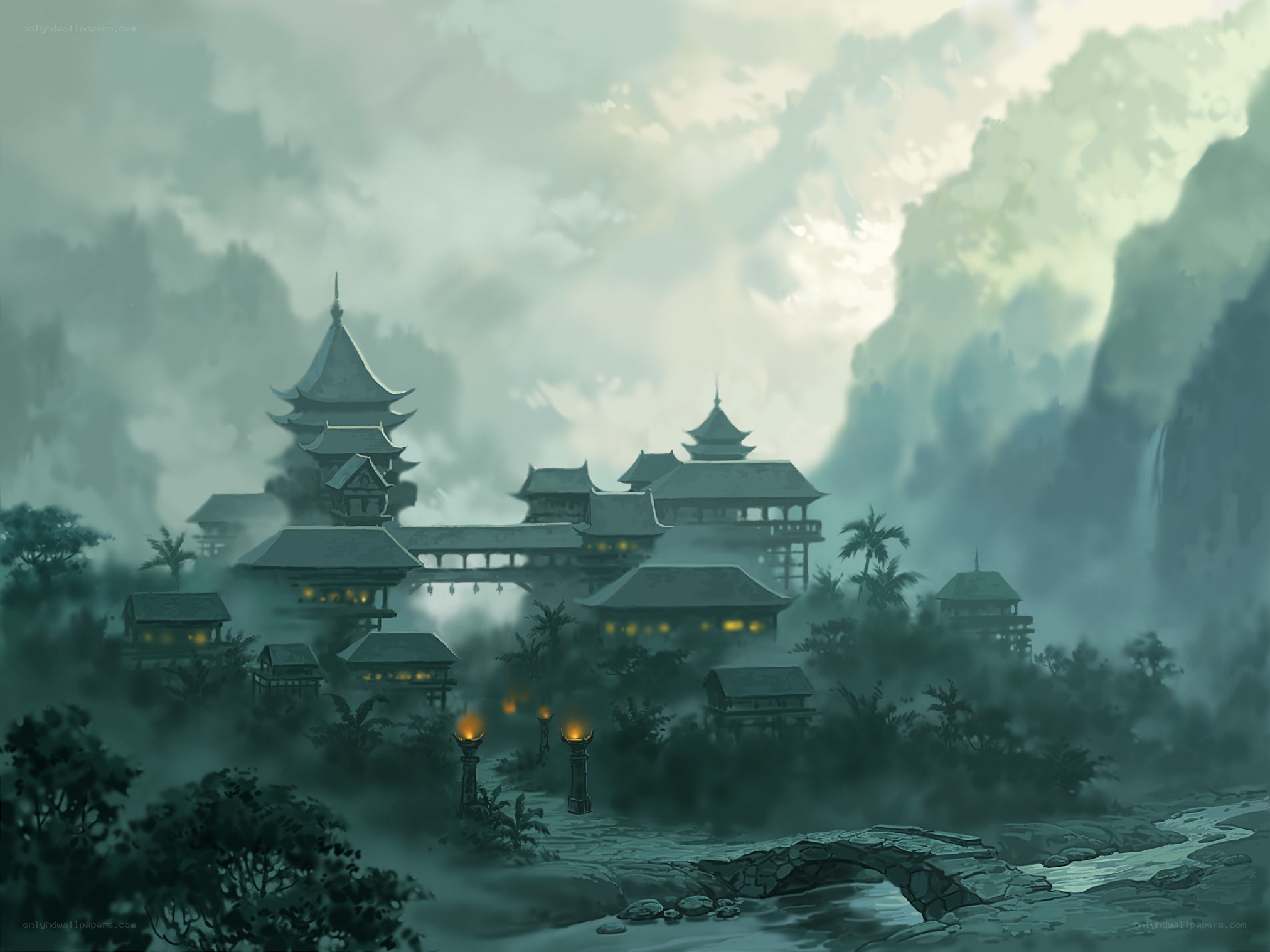 Misty temple village