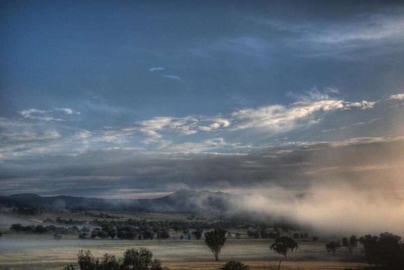 Misty Valley at Dawn — Blue, Serene, Morning
