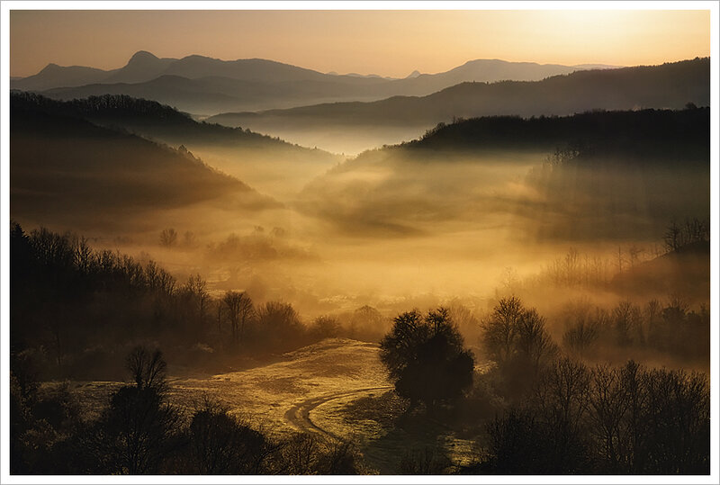 Misty Valley at Sunrise — Gold