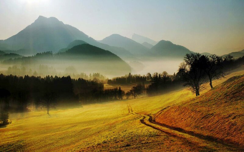 Misty Valley with Mountains — Green