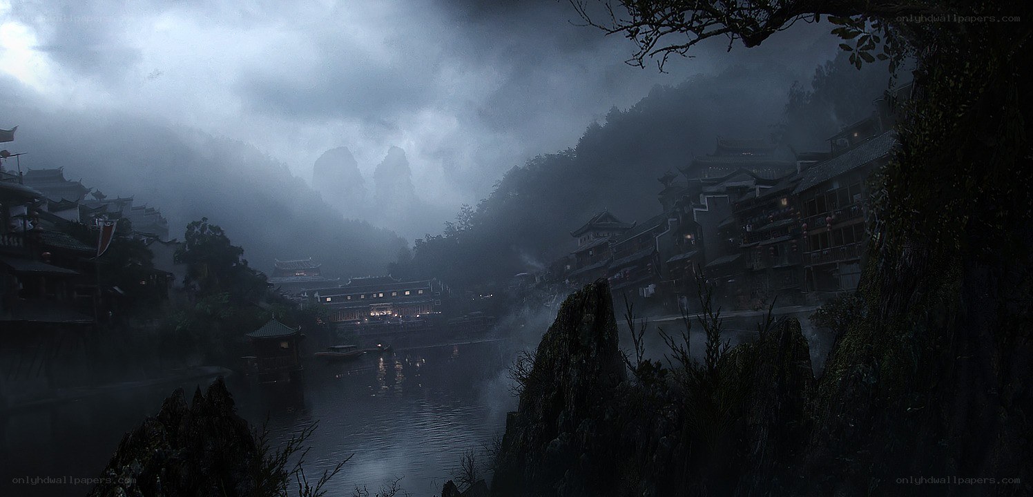 misty village by the river