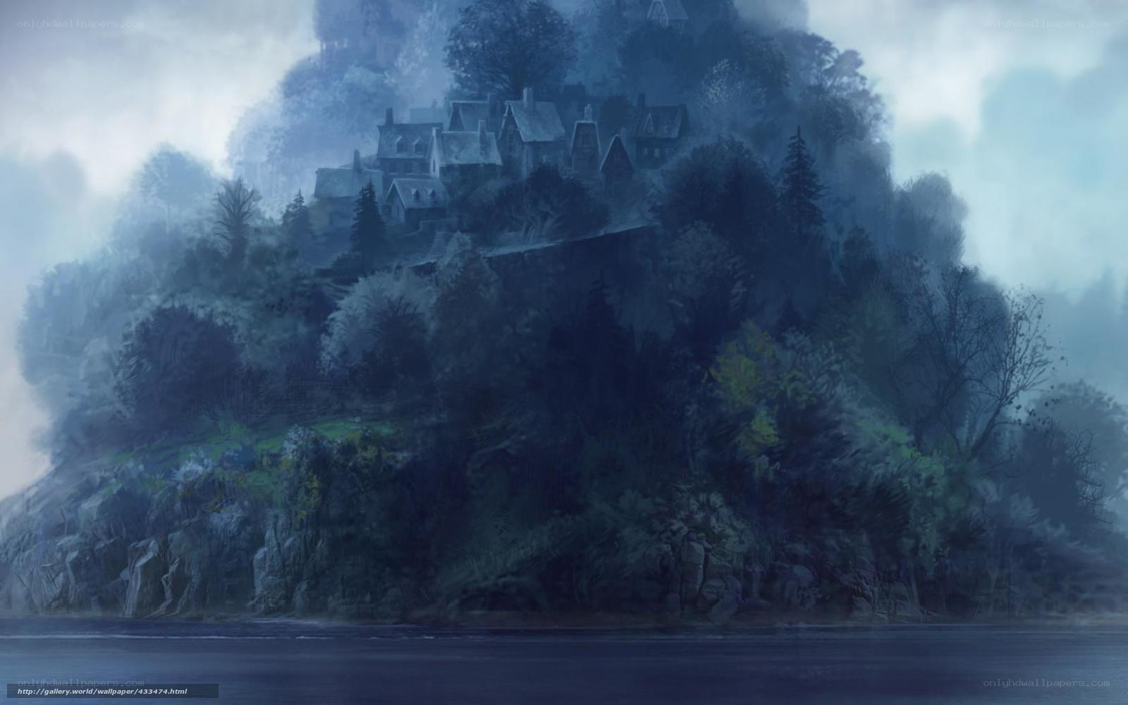 Misty village on a hill