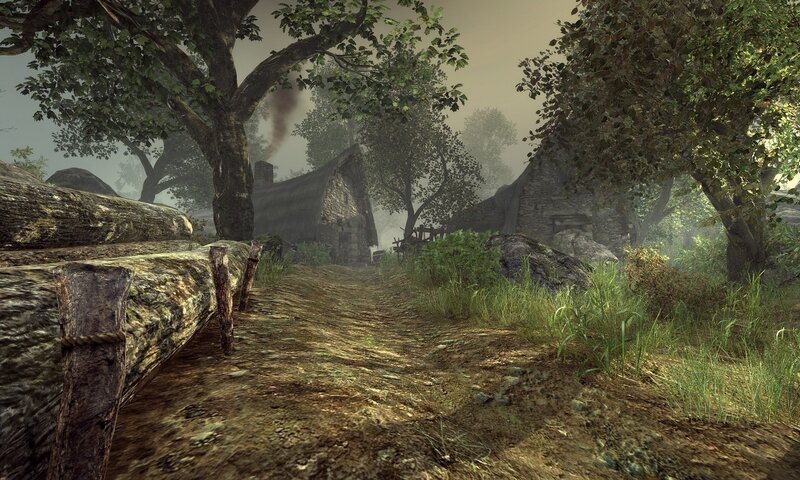 Misty village path