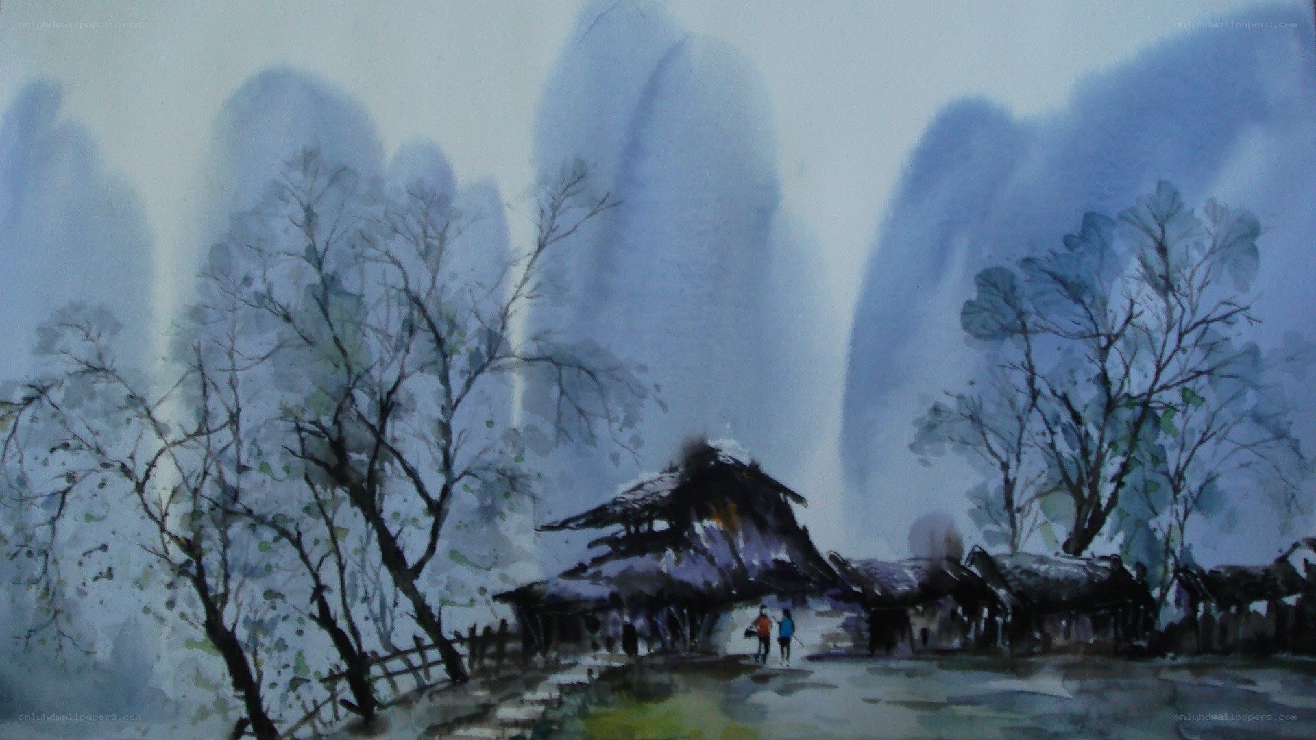 Misty village watercolor