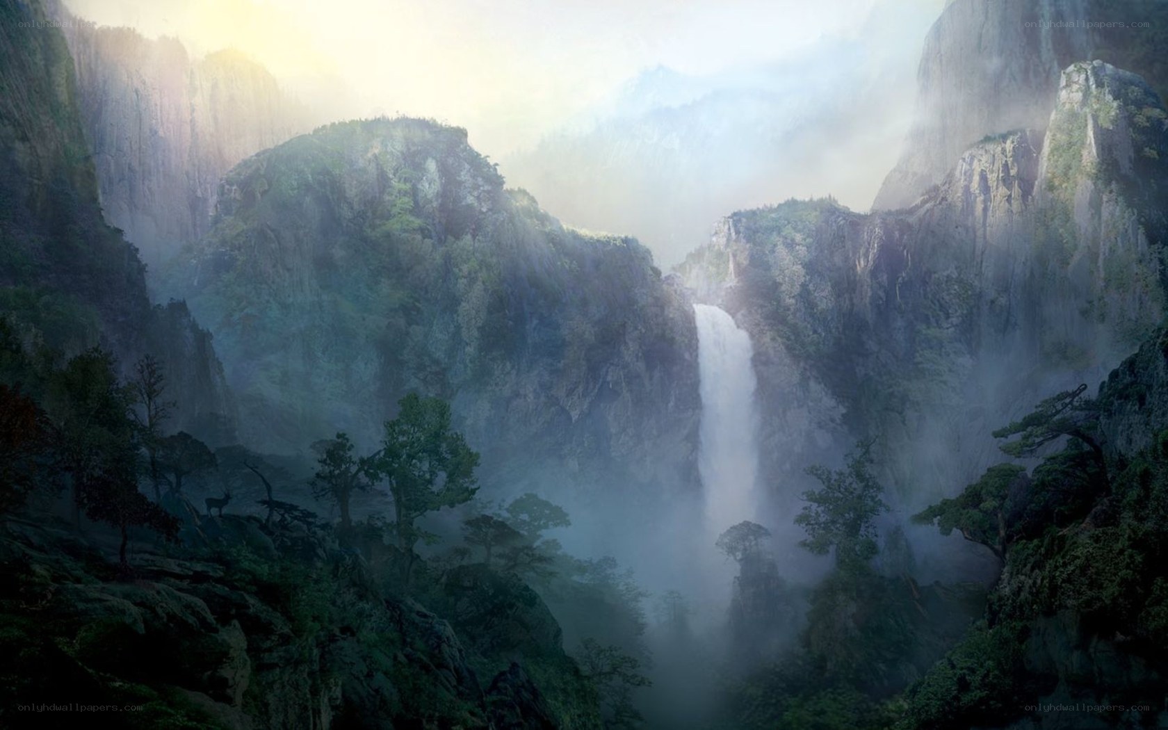 Misty waterfall in a mountain canyon