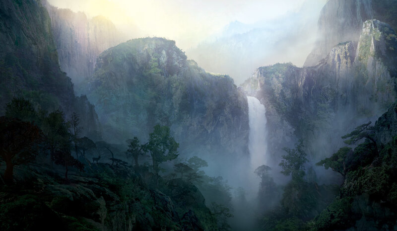 Misty waterfall in a mountain valley
