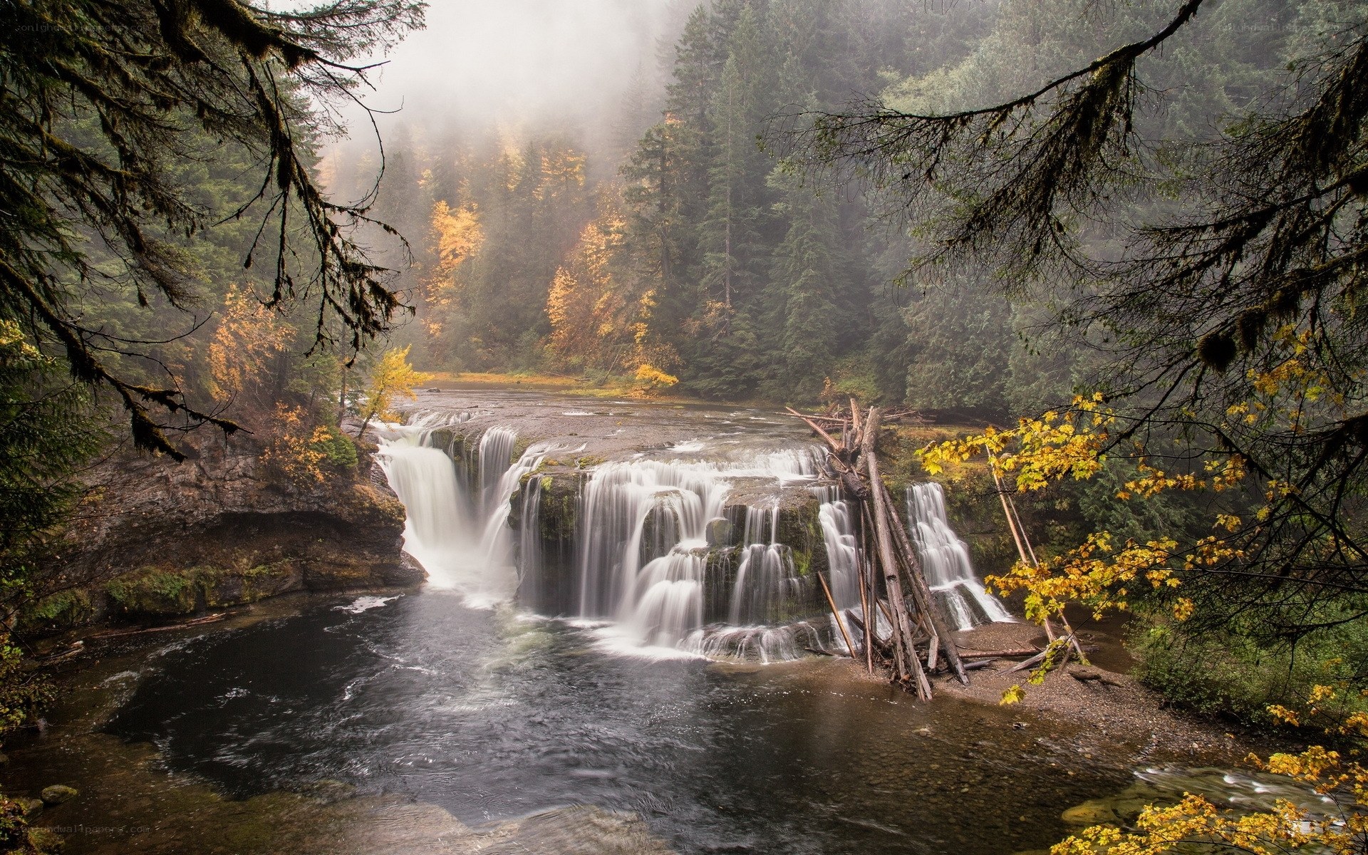 Misty waterfall in autumn forest
