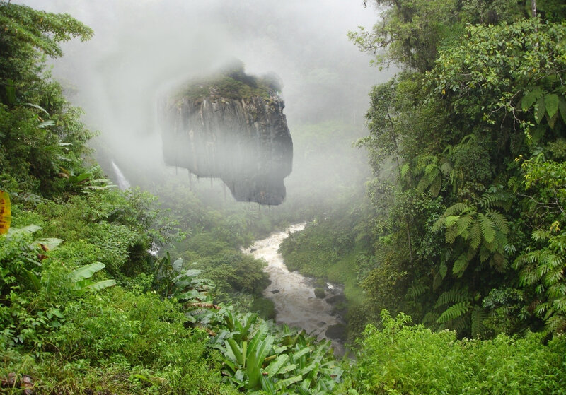 Misty waterfall in tropical forest