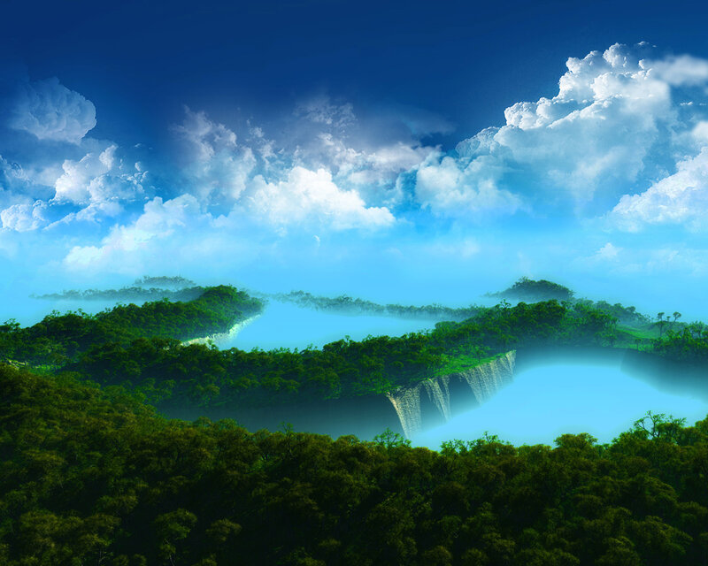 Misty waterfall landscape