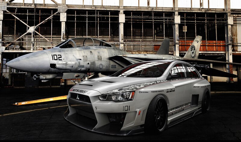 Mitsubishi Evo and fighter jet