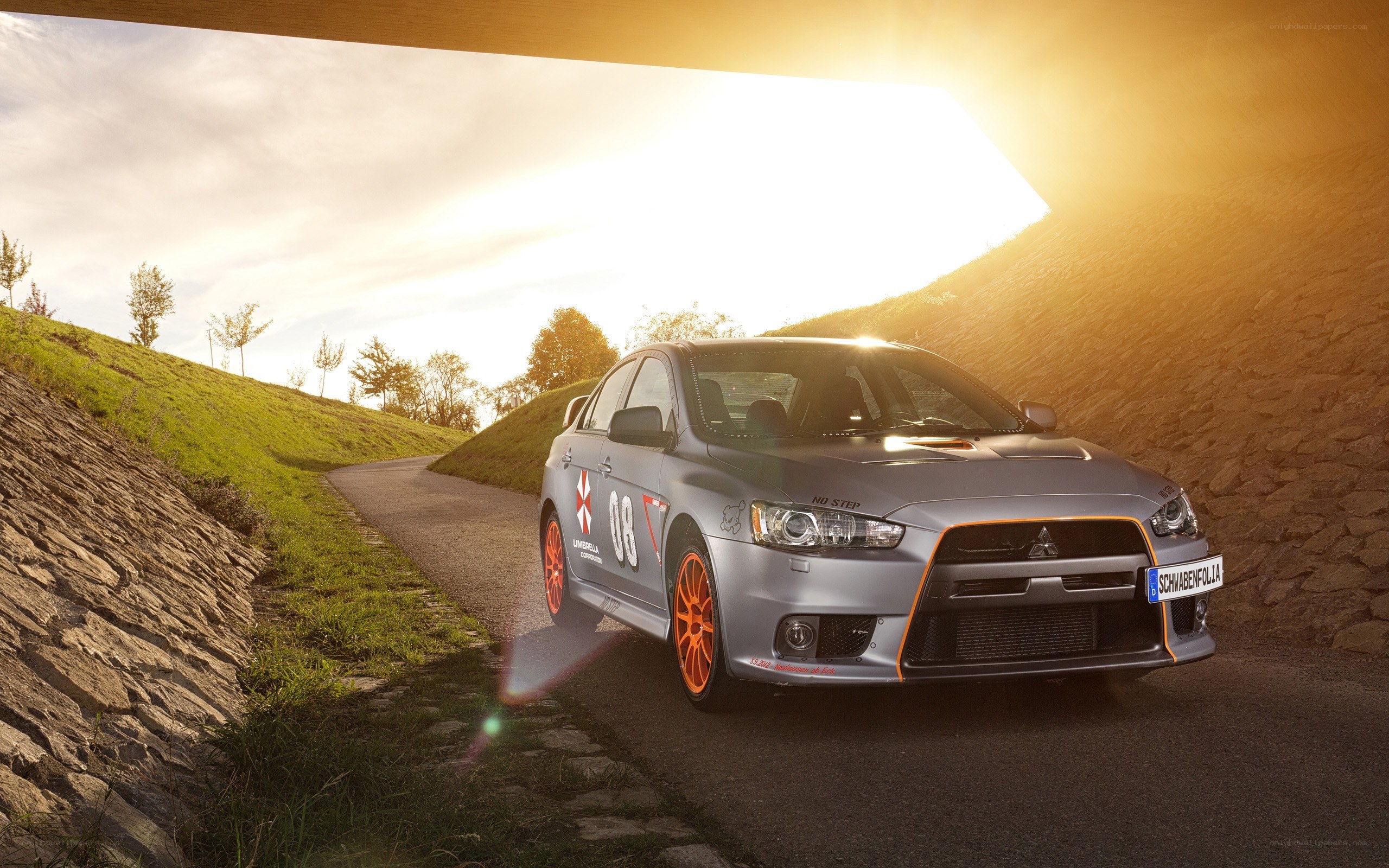 Mitsubishi Lancer Evolution on a winding road