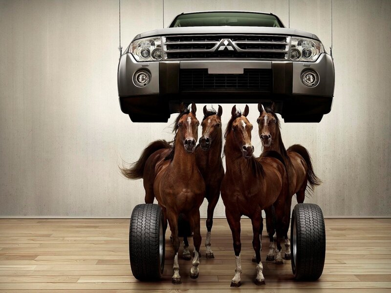 Mitsubishi vehicle with horses