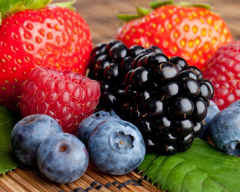 Mixed Berries on Leaves