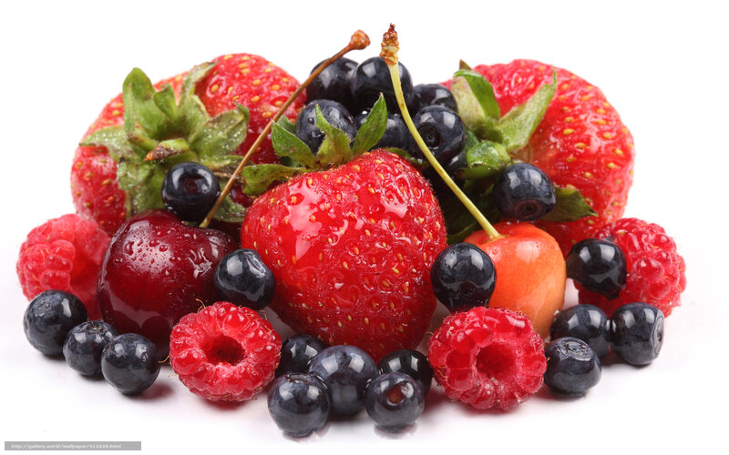 Mixed Berries on White — Red, Fresh, Photograph, Strawberries, Blueberries, Raspberries