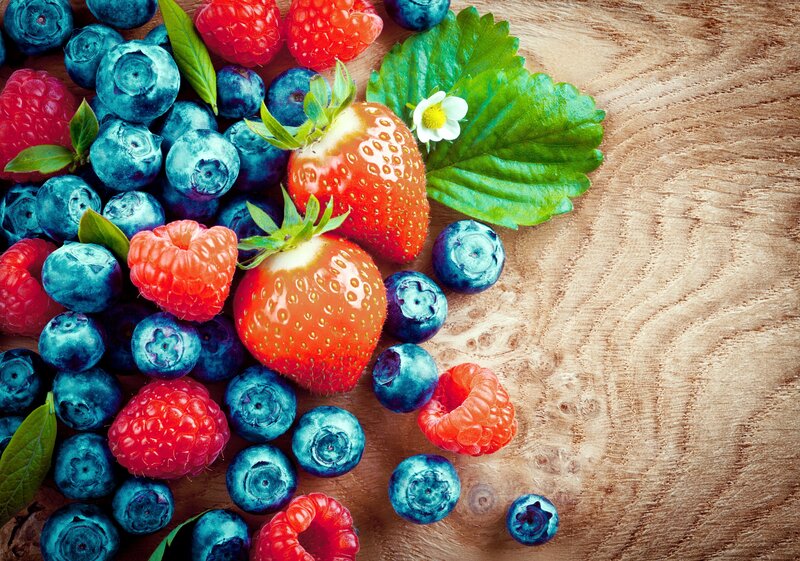Mixed Berries on Wood — Red, Fresh, Photograph, Strawberries, Blueberries, Raspberries